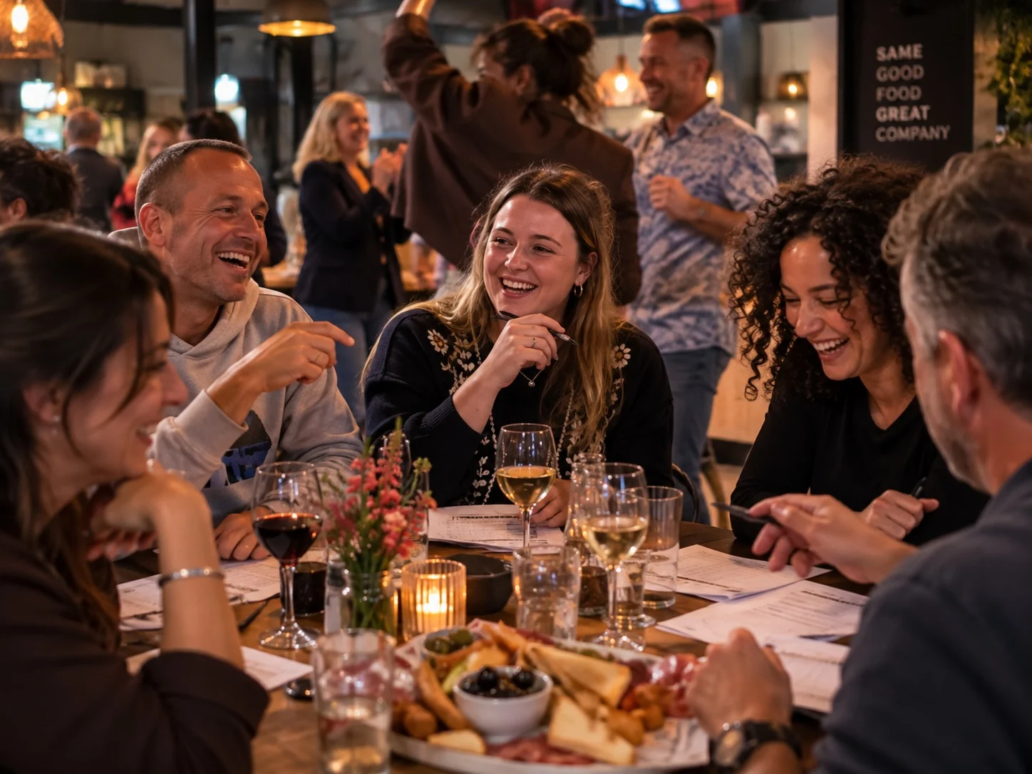 Groep speelt Moordspel De Boze Buurman tijdens een gezellig diner